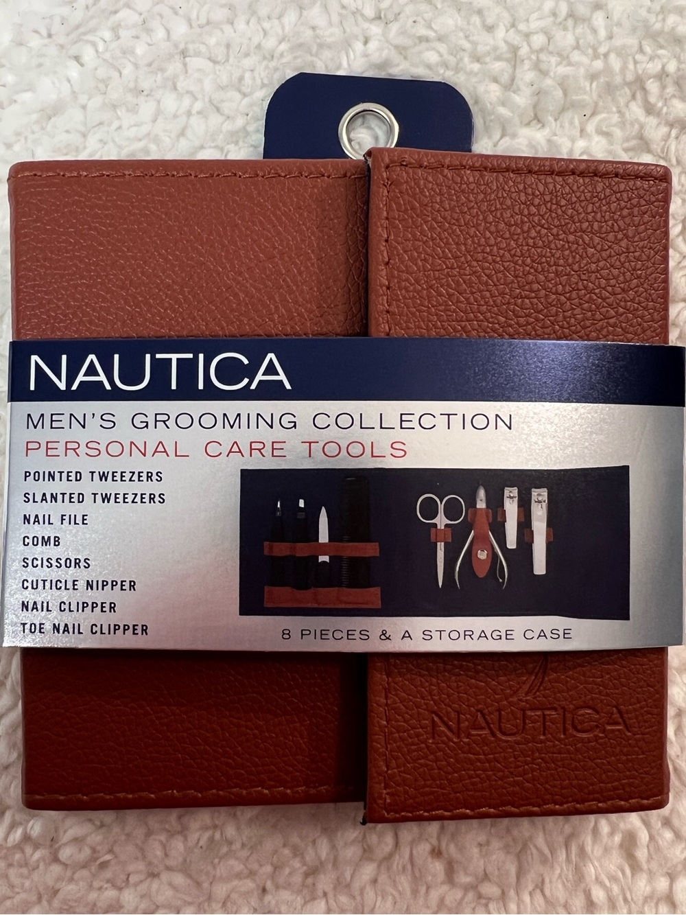 Nautica Men's Personal Care Grooming Tool Set 8 Pcs in Brown Faux-Leather Case